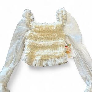 Mele E Pere Cream Ruffle Blouse with Sheer Sleeves